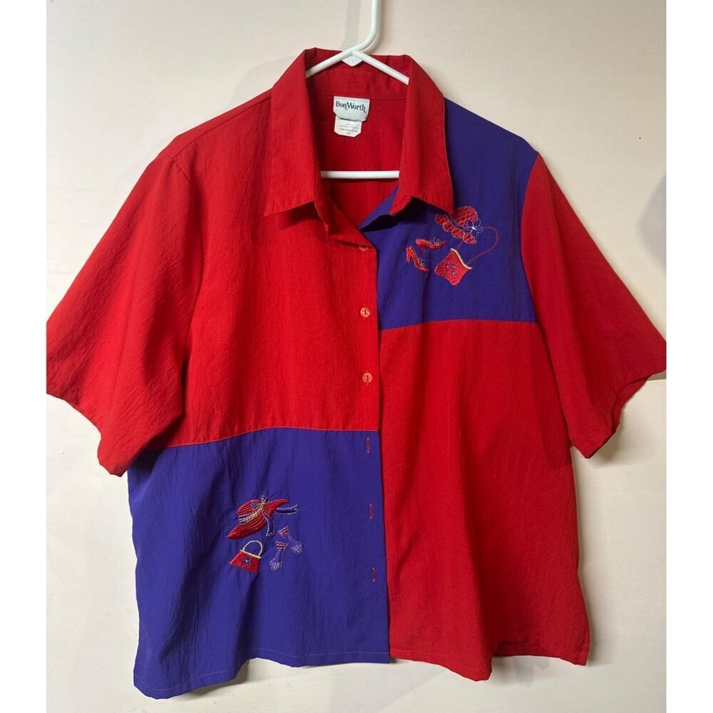 BonWorth Women’s XL Colorblock Blouse Red Purple Embroidered VTG Y2K grandmacore